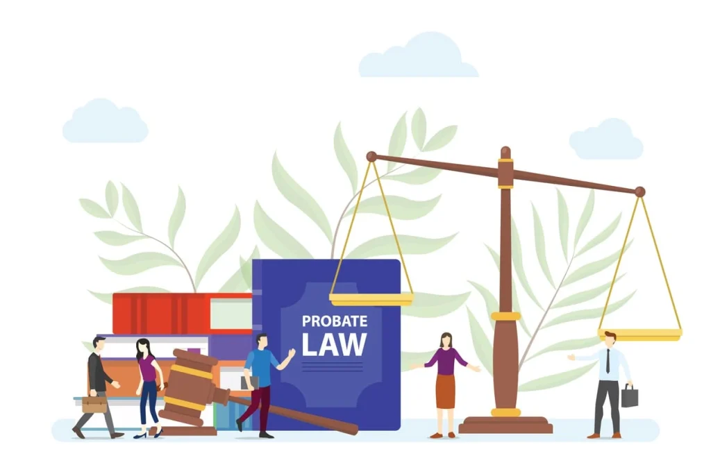 Illustration of legal professionals and probate law, representing strategies on how to avoid probate through effective estate planning, offered by Park Gold Group in Chicago, Illinois.